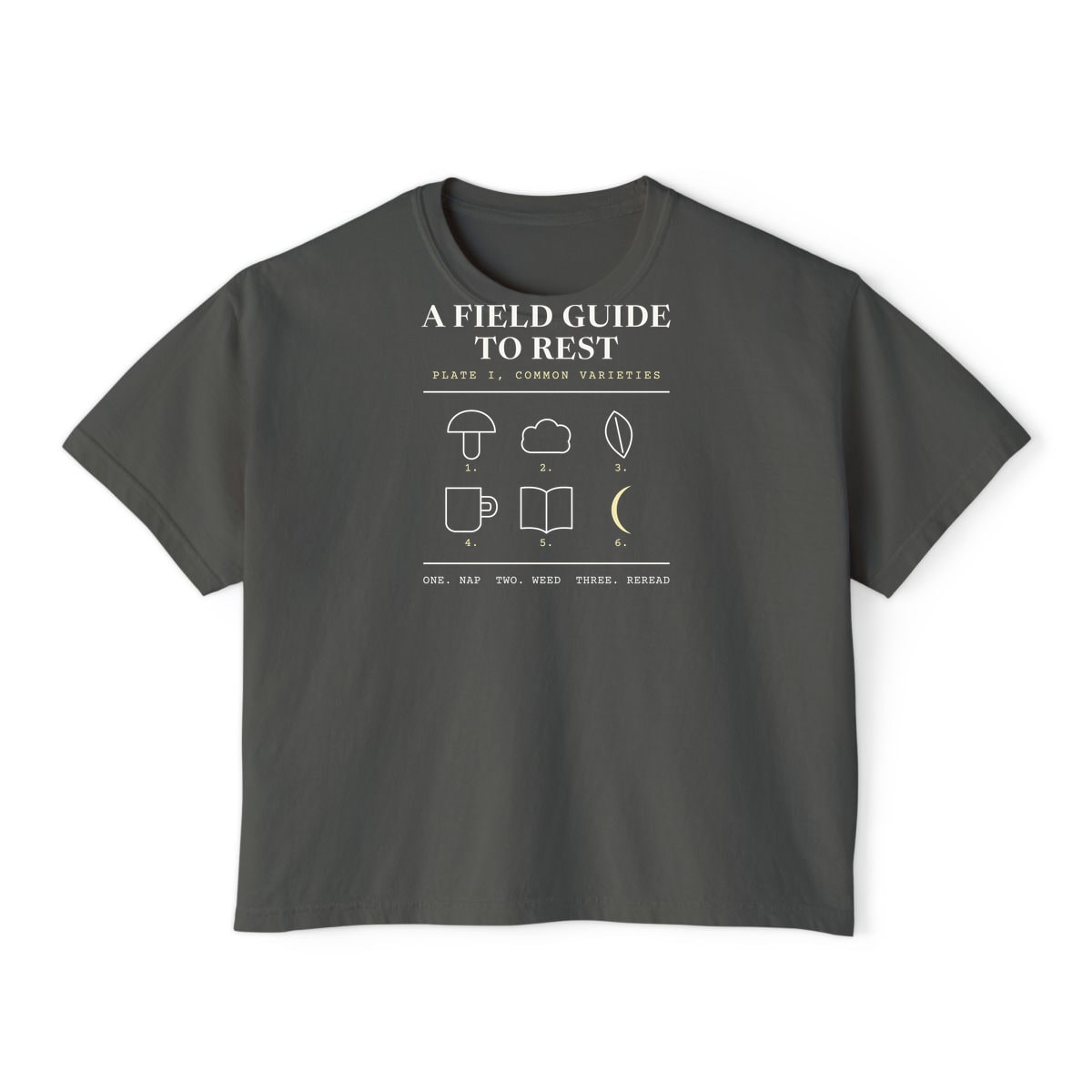 A Field Guide To Rest, printed on a boxy tee in Pepper