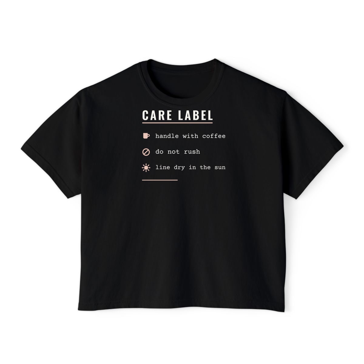Care Label, printed on a boxy tee in Black