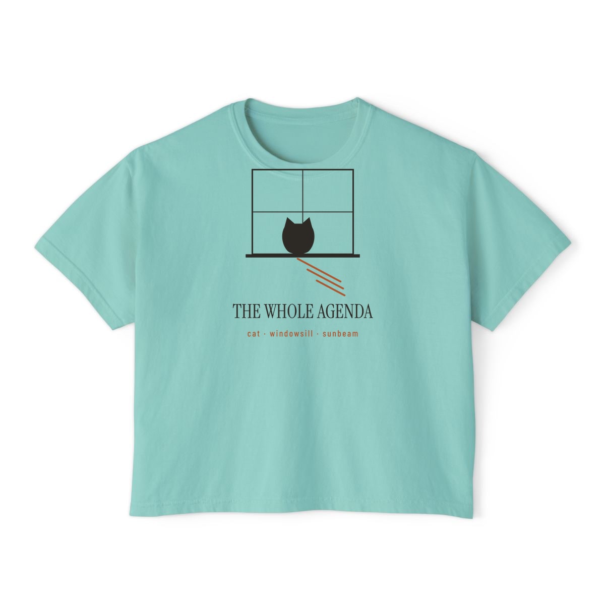 Cat, Windowsill, Sunbeam, printed on a boxy tee in Chalky Mint