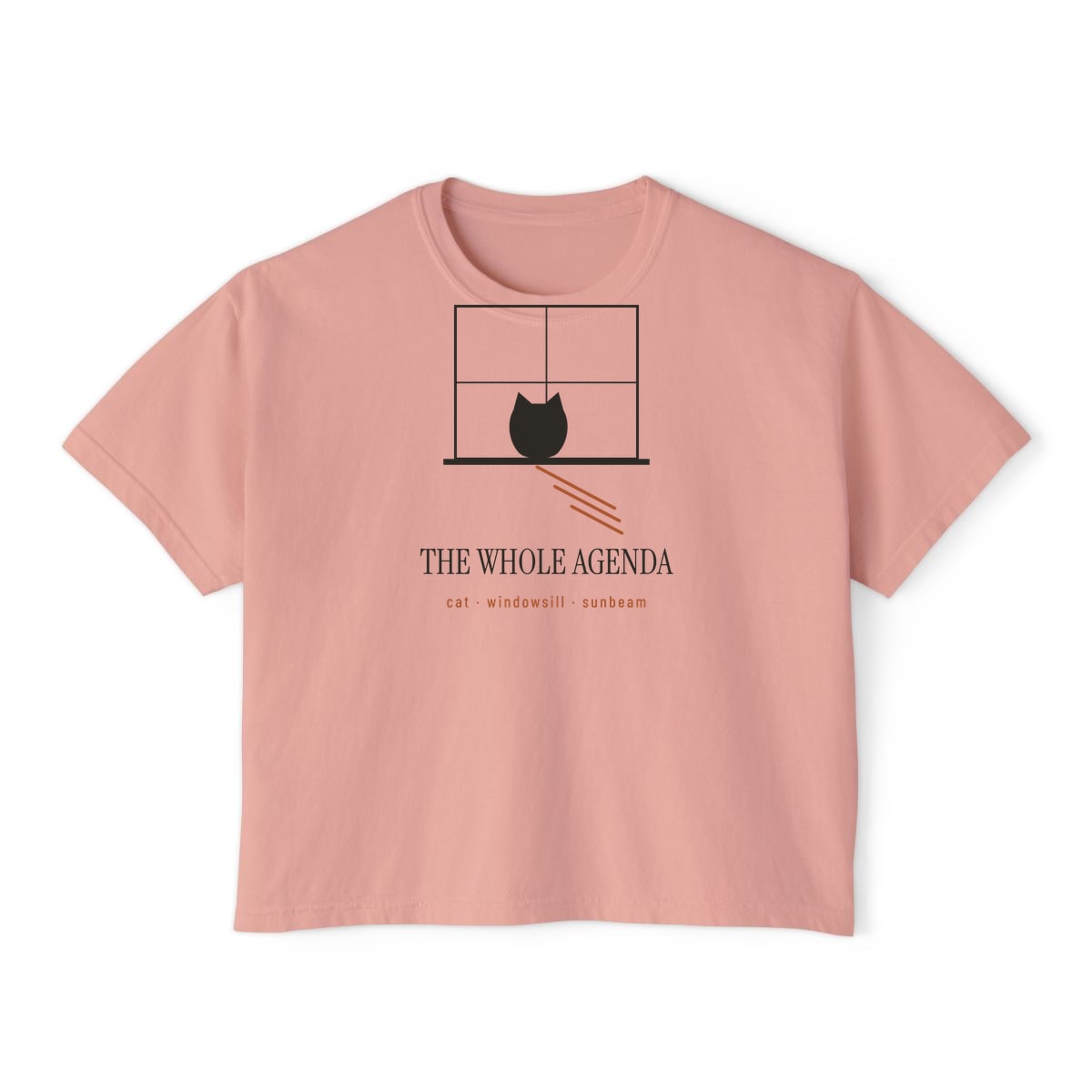 Cat, Windowsill, Sunbeam, printed on a boxy tee in Peachy