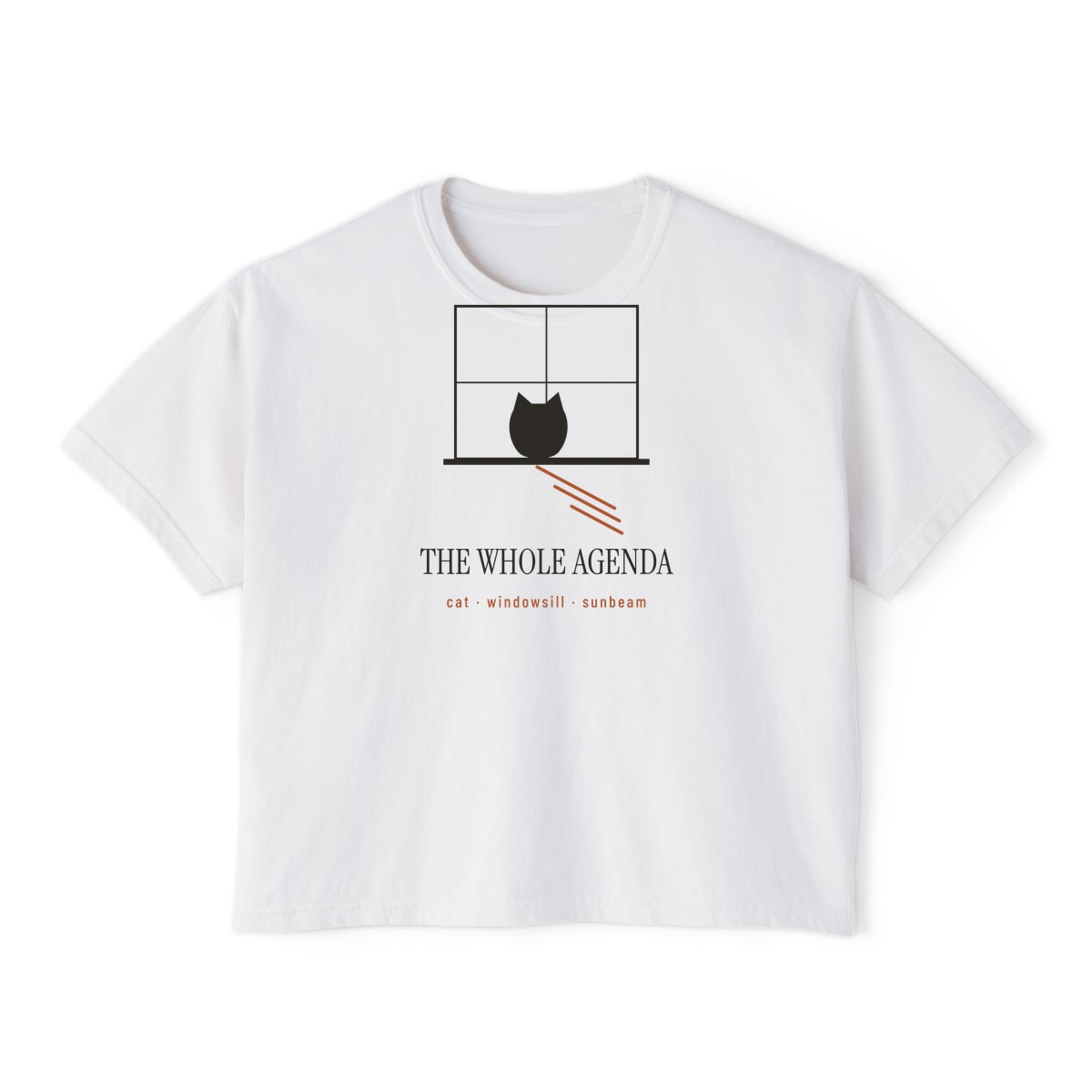 Cat, Windowsill, Sunbeam, printed on a boxy tee in White