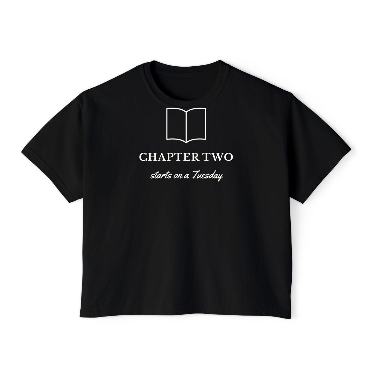 Chapter Two, printed on a boxy tee in Black