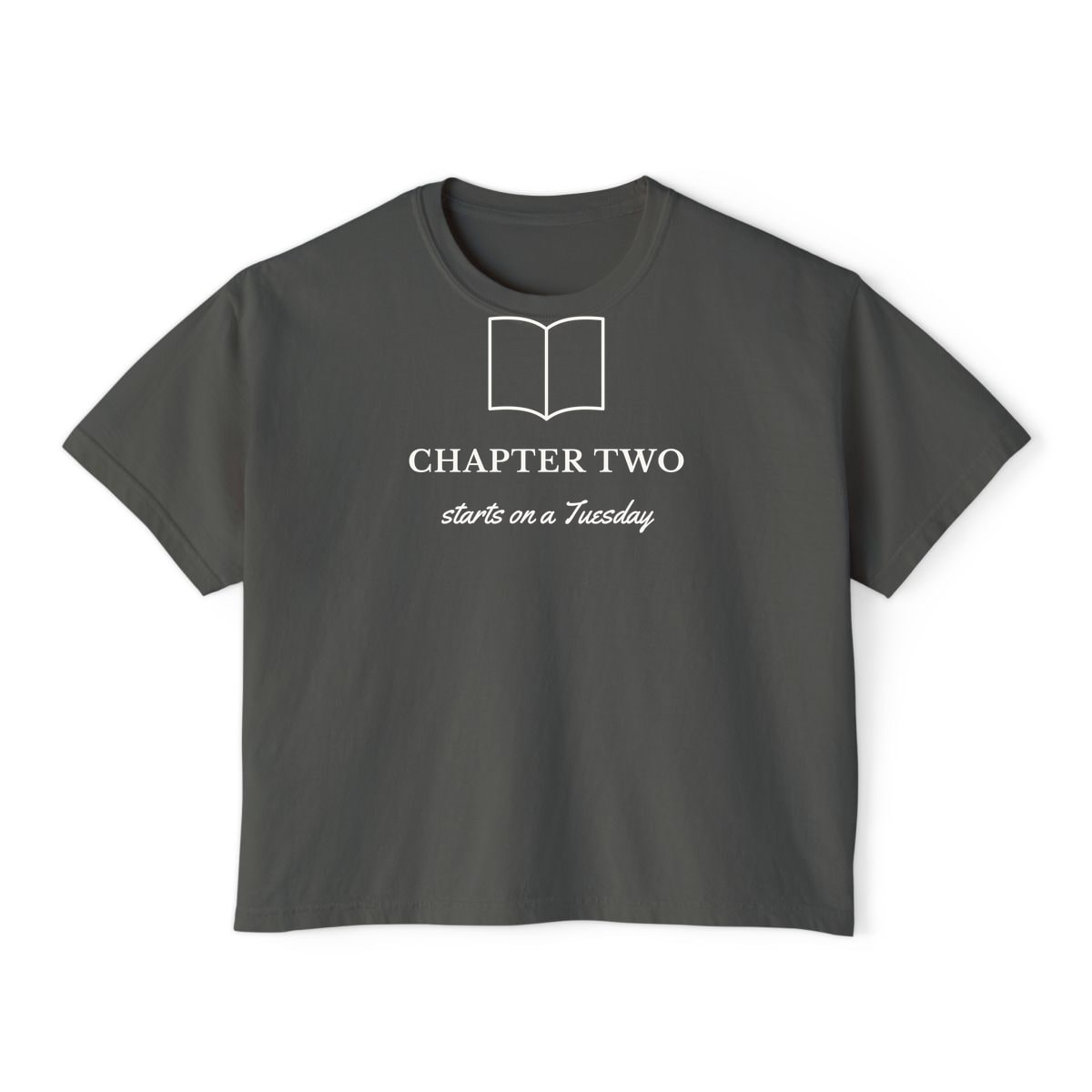Chapter Two, printed on a boxy tee in Pepper