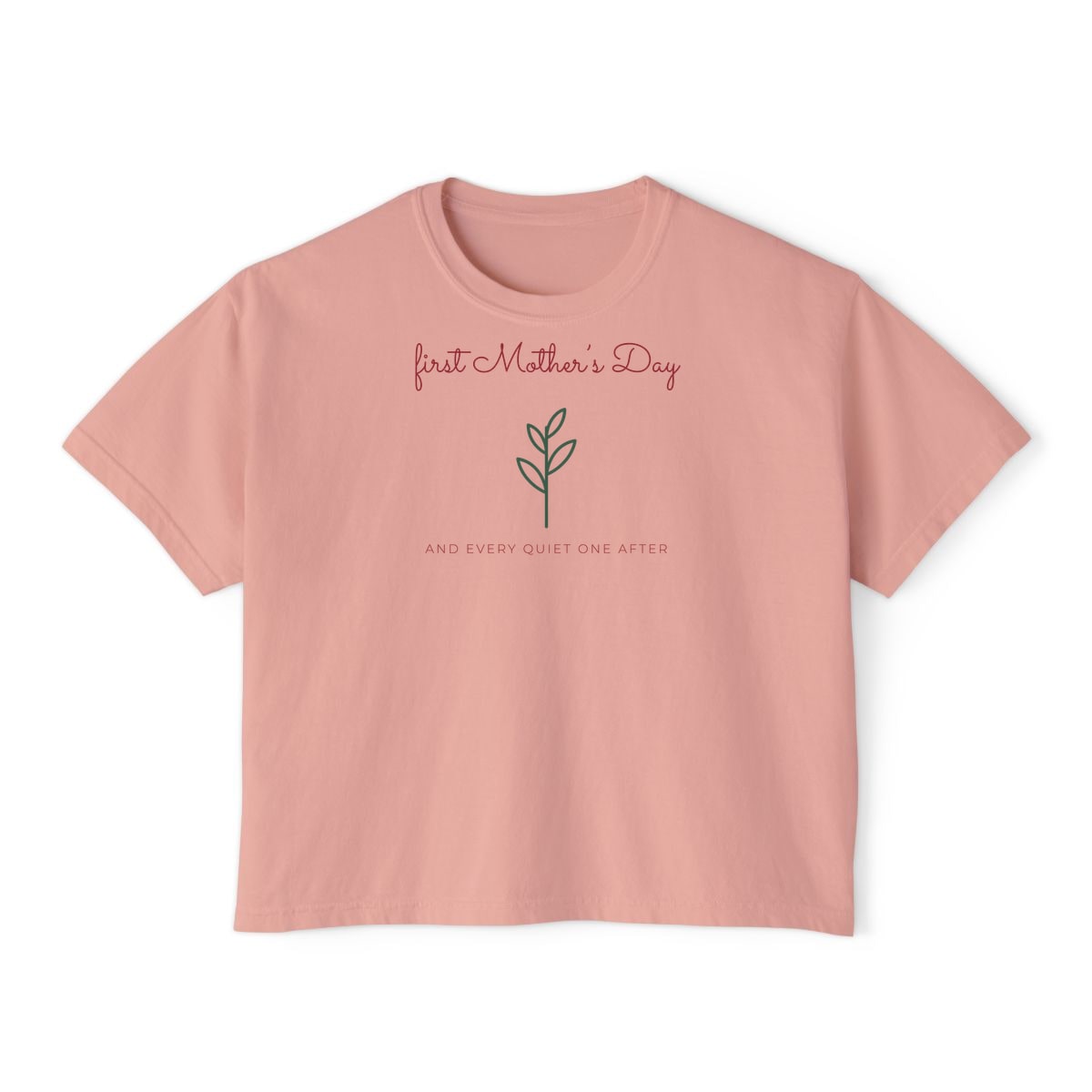 First Mother's Day Sprig, printed on a boxy tee in Peachy
