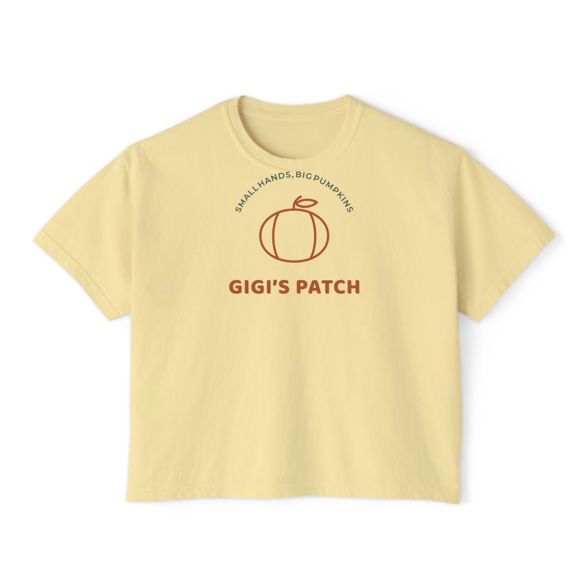 Gigi’s Pumpkin Patch, printed on a boxy tee in Butter