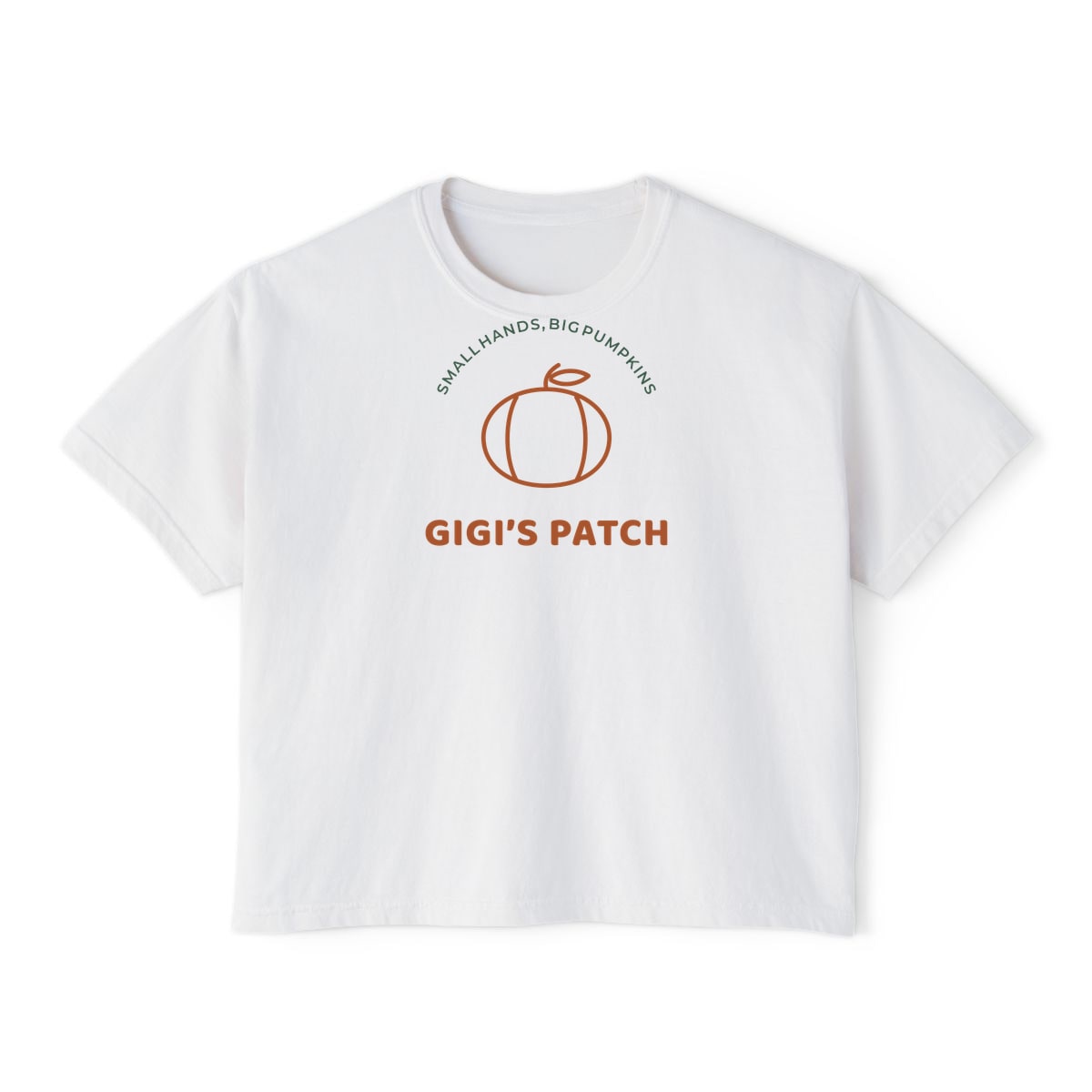 Gigi’s Pumpkin Patch, printed on a boxy tee in White