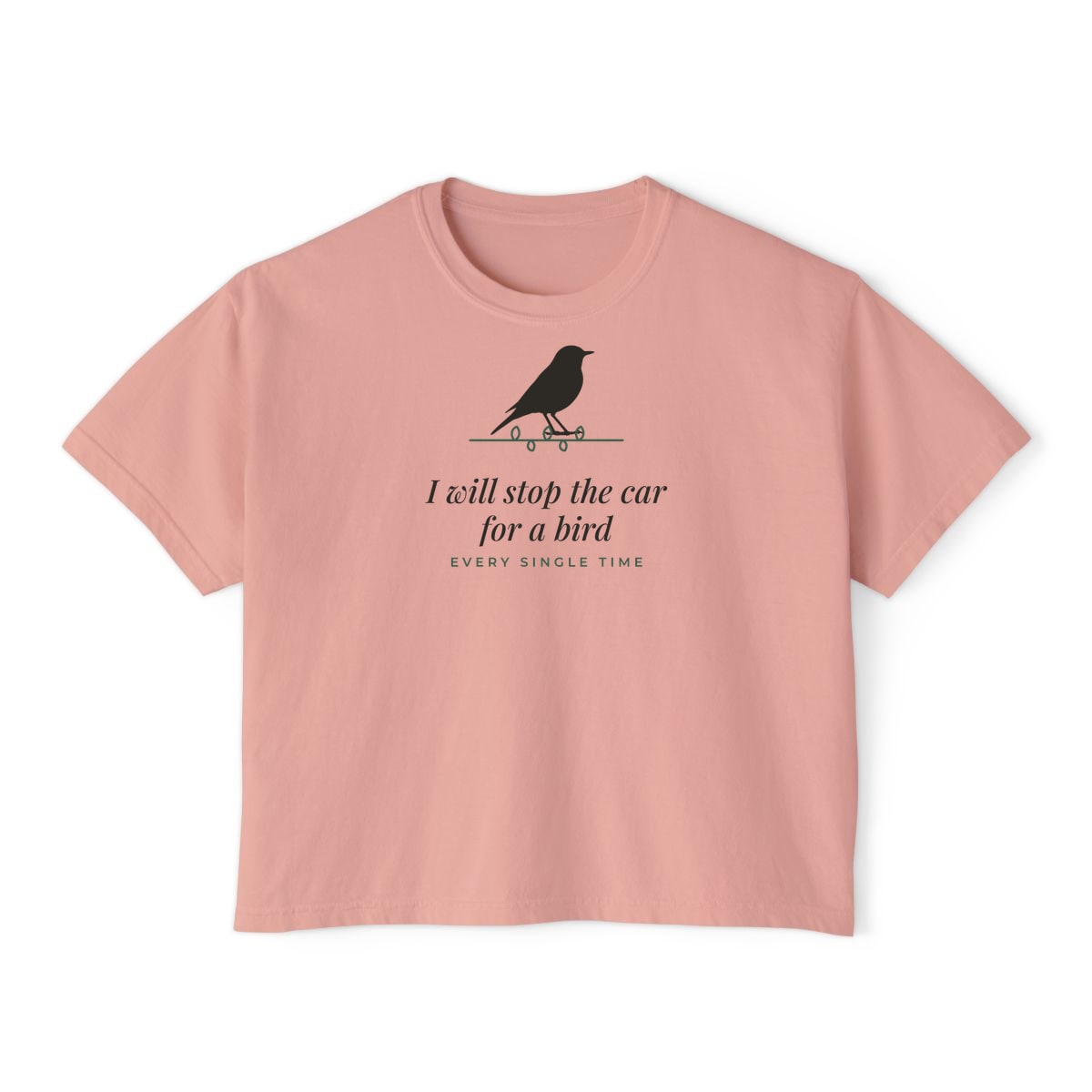 I Will Stop For A Bird, printed on a boxy tee in Peachy