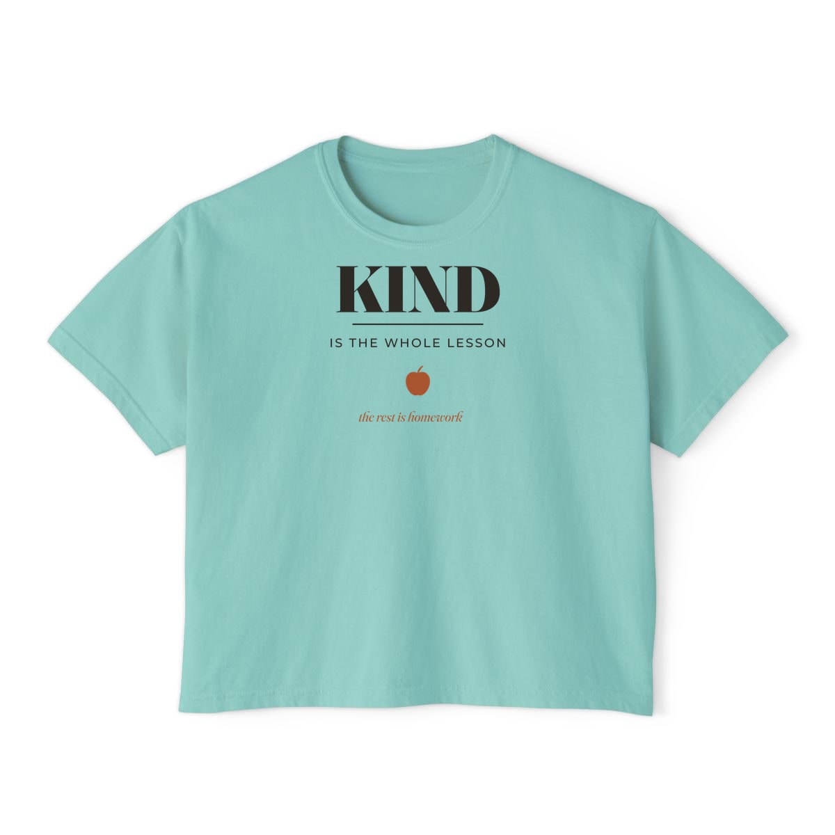 Kind Is The Whole Lesson, printed on a boxy tee in Chalky Mint
