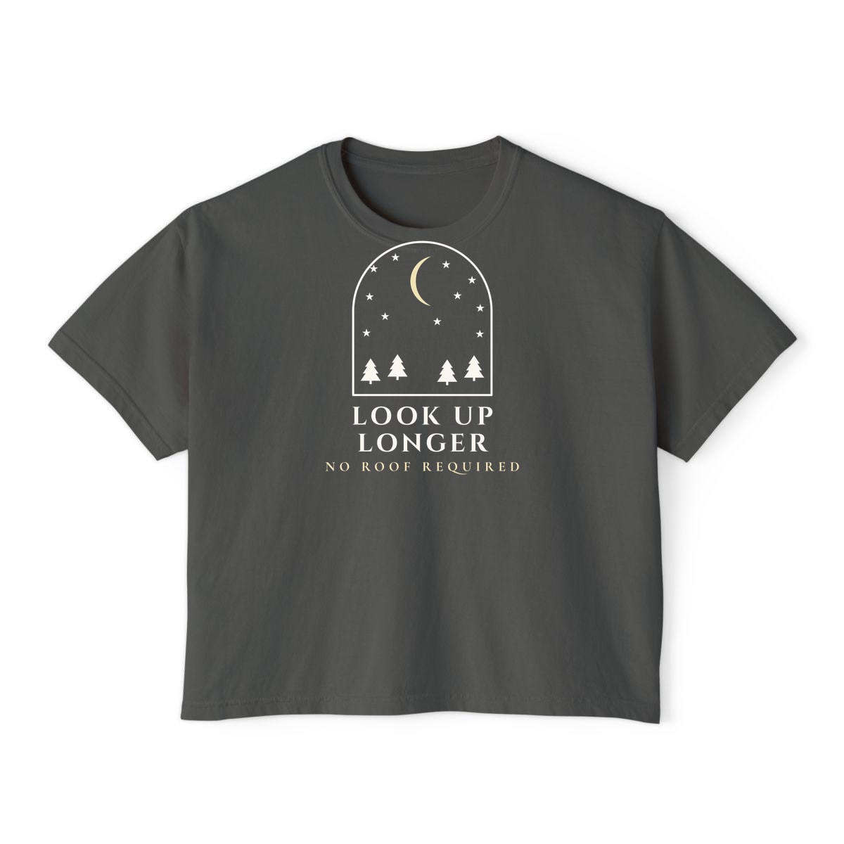 Look Up Longer, printed on a boxy tee in Pepper