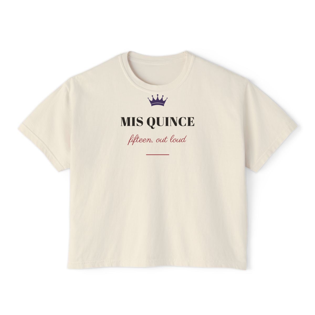 Mis Quince, printed on a boxy tee in Ivory
