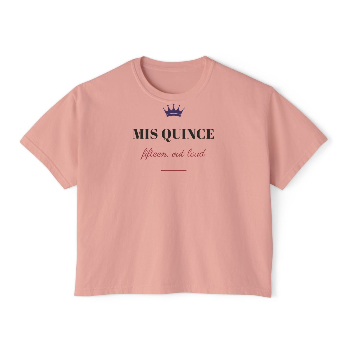 Mis Quince, printed on a boxy tee in Peachy