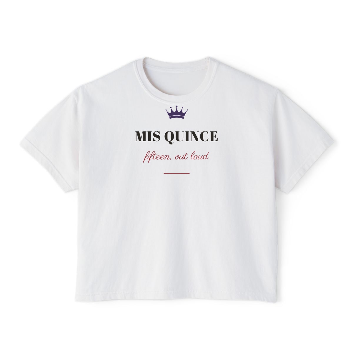 Mis Quince, printed on a boxy tee in White