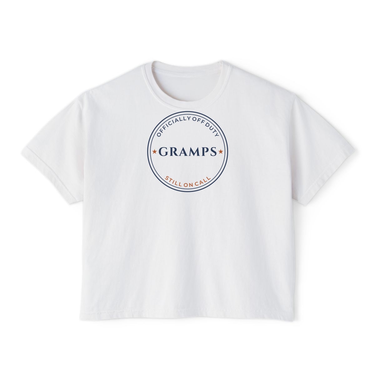 Off Duty, Still On Call, printed on a boxy tee in White