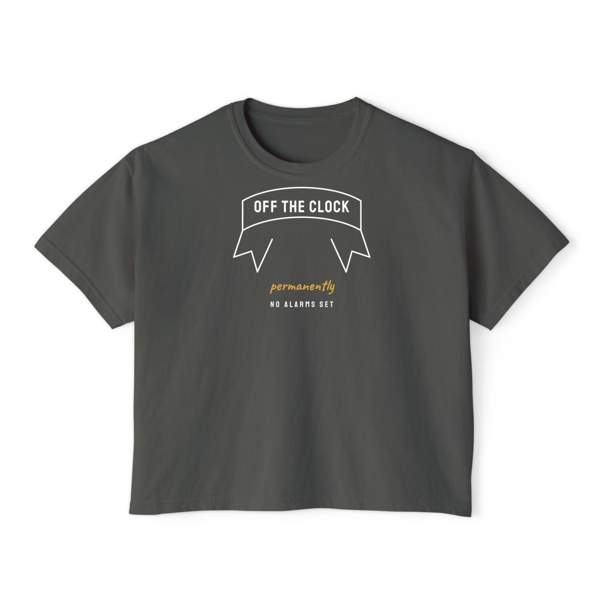 Off The Clock, printed on a boxy tee in Pepper