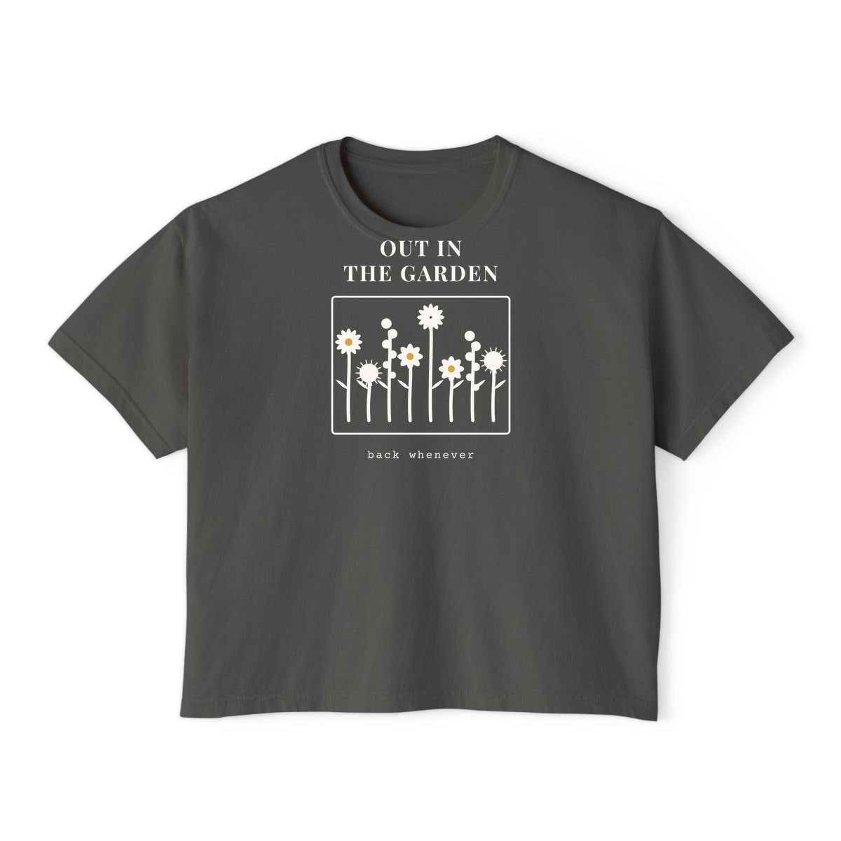 Out In The Garden, printed on a boxy tee in Pepper