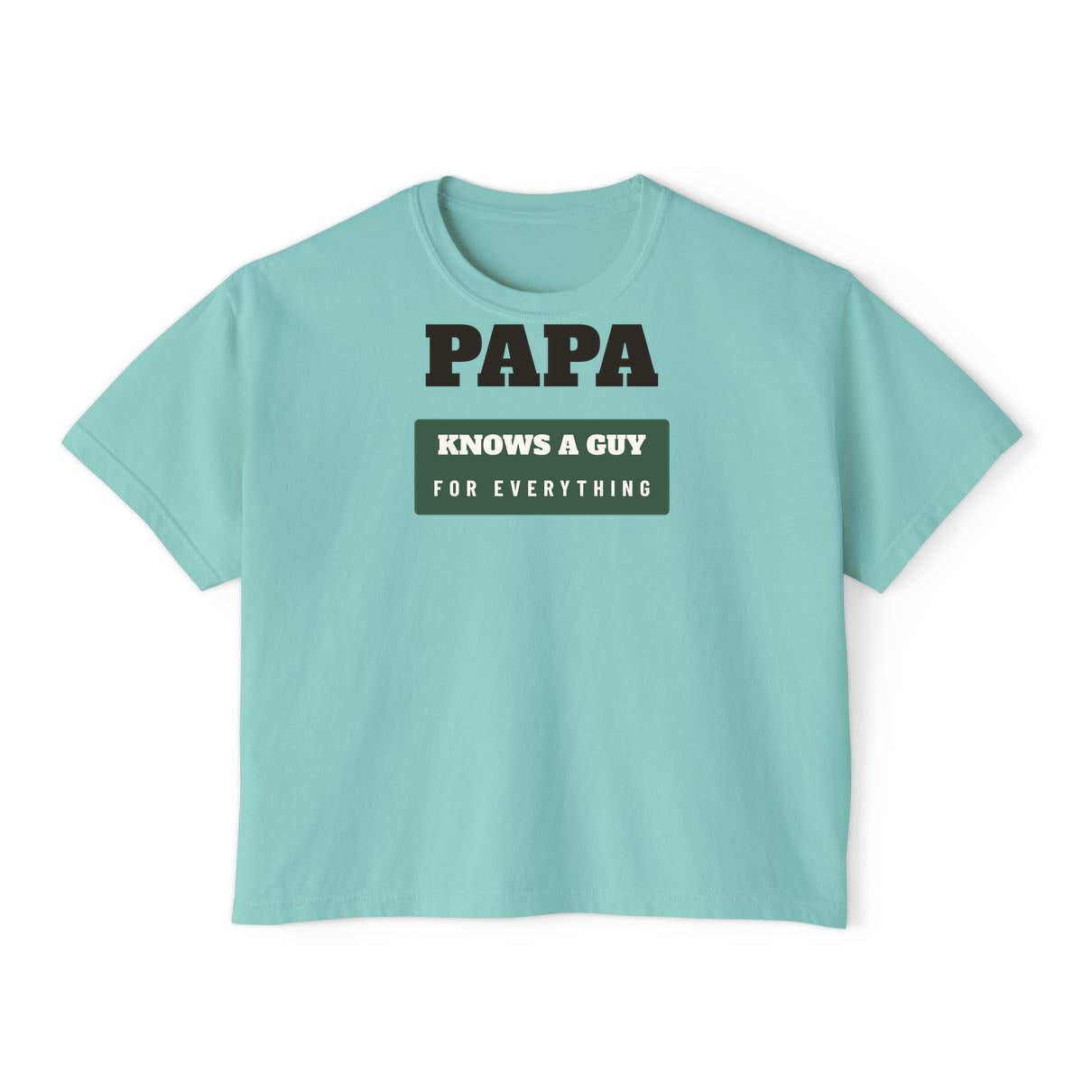 Papa Knows A Guy, printed on a boxy tee in Chalky Mint