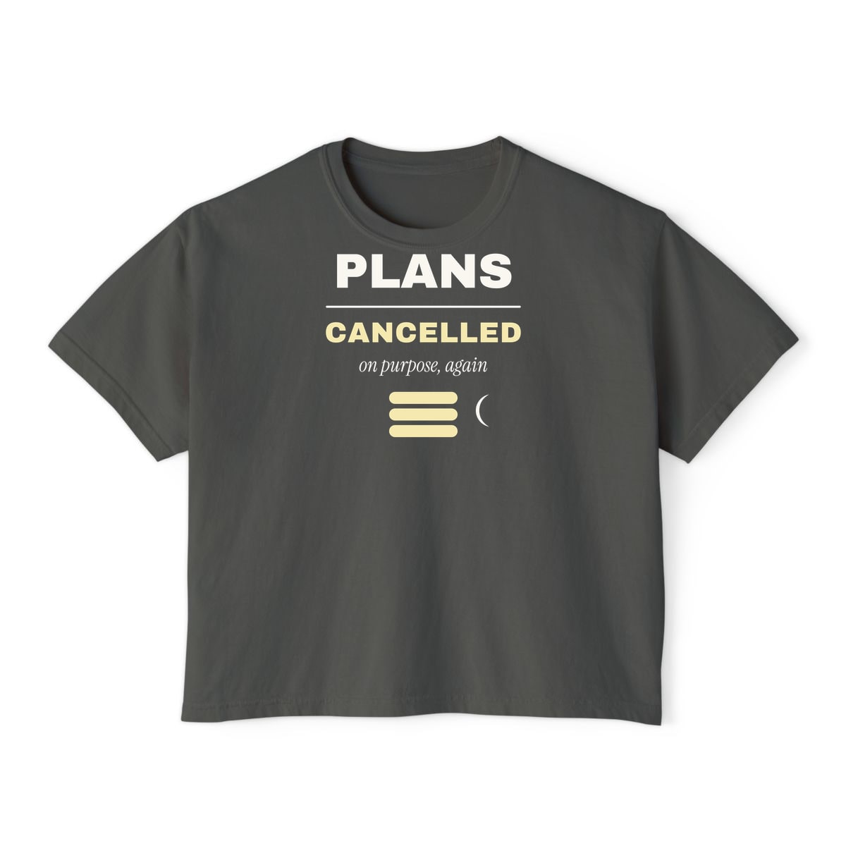 Plans Cancelled, On Purpose, printed on a boxy tee in Pepper