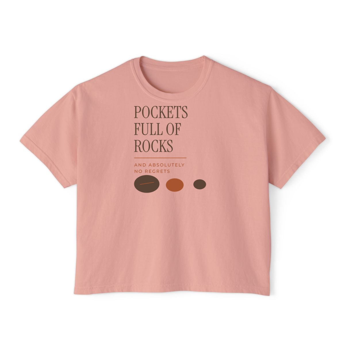 Pockets Full Of Rocks, printed on a boxy tee in Peachy