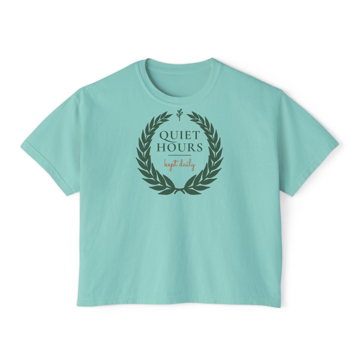 Quiet Hours, Kept Daily, printed on a boxy tee in Chalky Mint