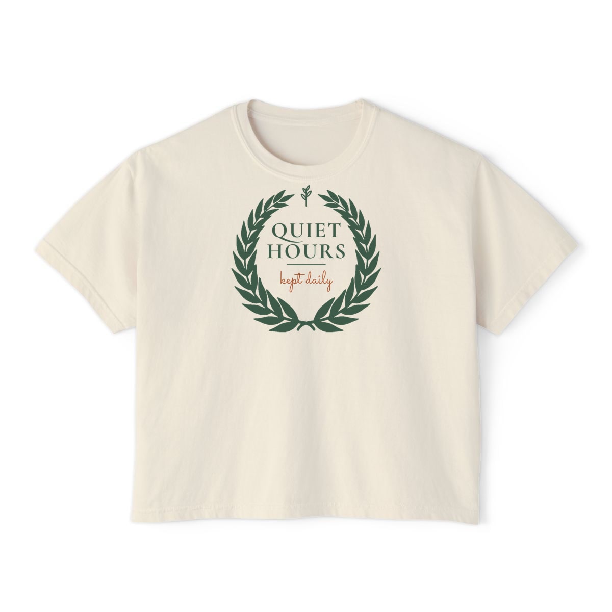 Quiet Hours, Kept Daily, printed on a boxy tee in Ivory
