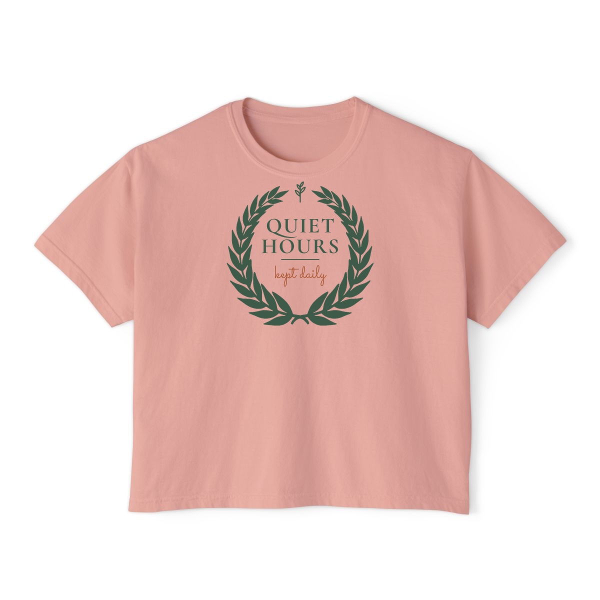 Quiet Hours, Kept Daily, printed on a boxy tee in Peachy