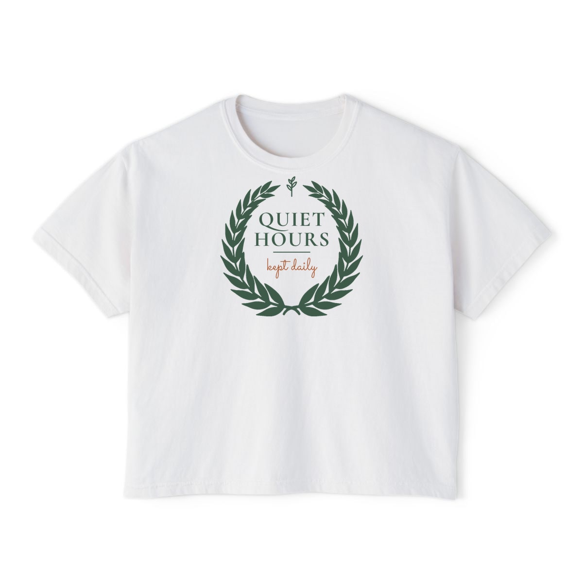 Quiet Hours, Kept Daily, printed on a boxy tee in White