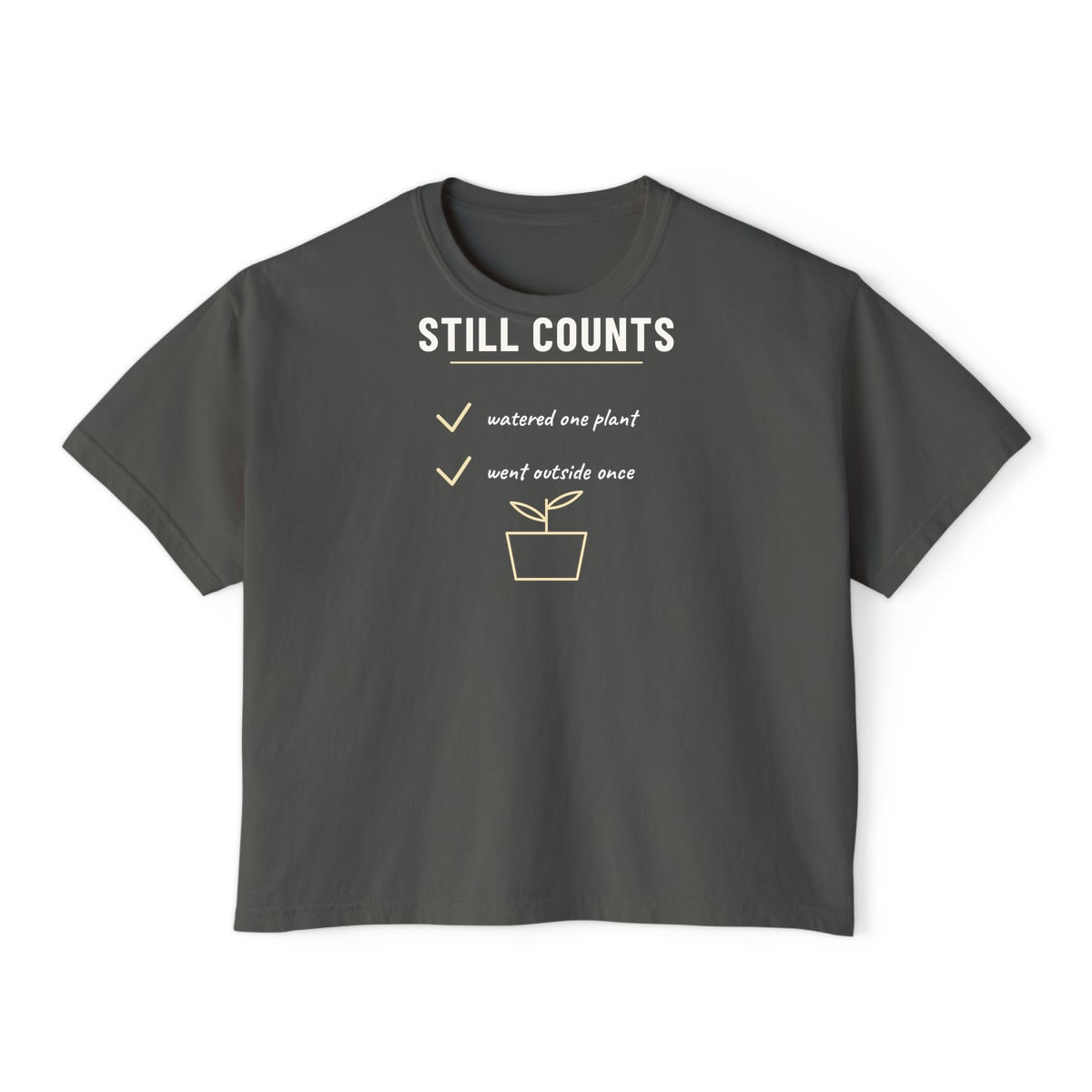 Still Counts Checklist, printed on a boxy tee in Pepper