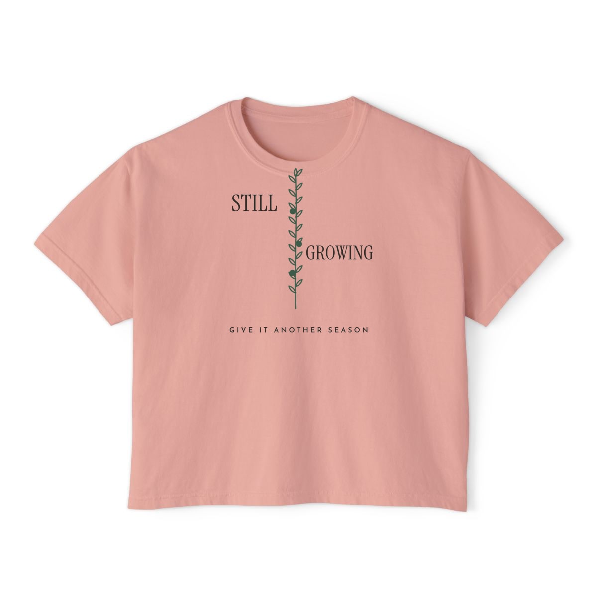 Still Growing Olive Branch, printed on a boxy tee in Peachy