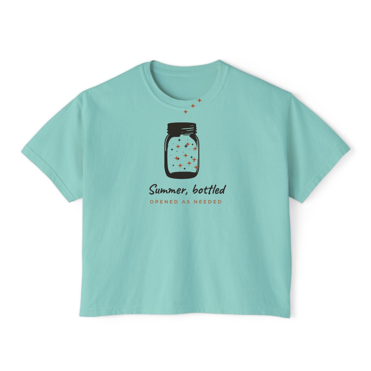 Summer, Bottled, printed on a boxy tee in Chalky Mint