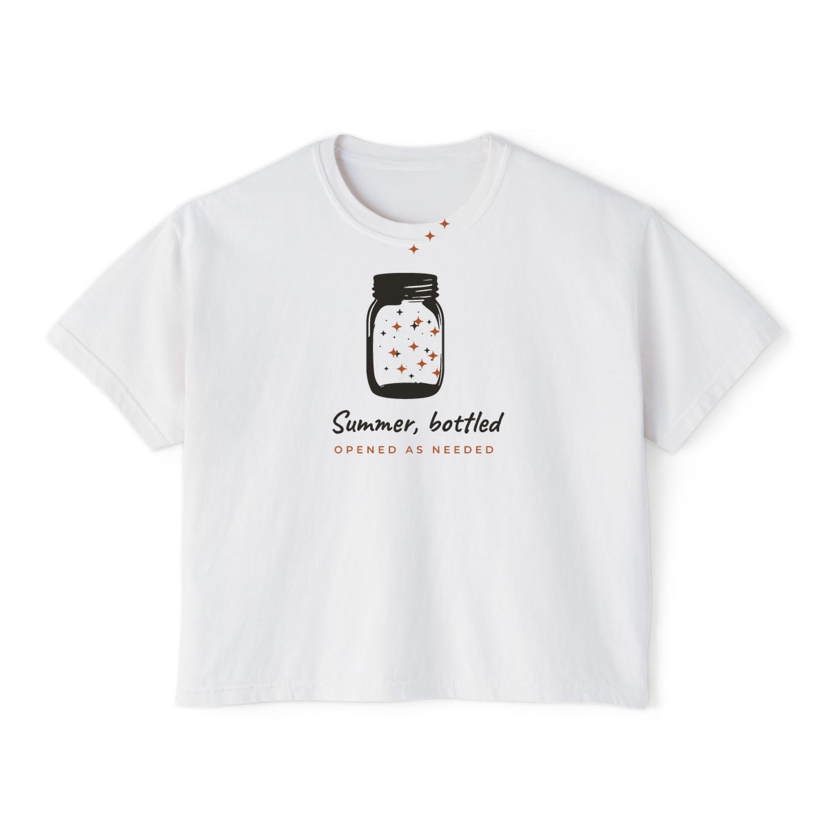 Summer, Bottled, printed on a boxy tee in White