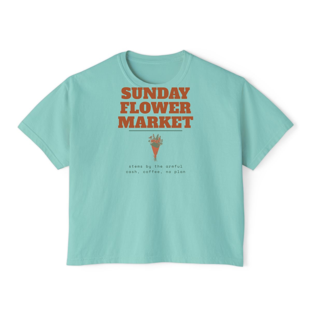 Sunday Flower Market, printed on a boxy tee in Chalky Mint