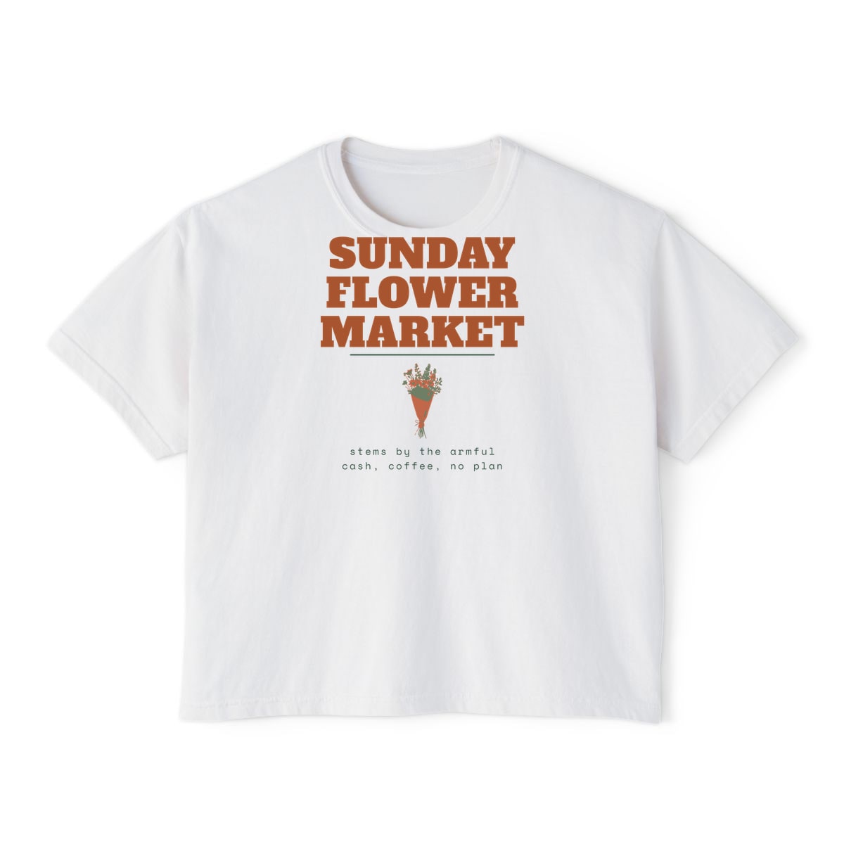 Sunday Flower Market, printed on a boxy tee in White