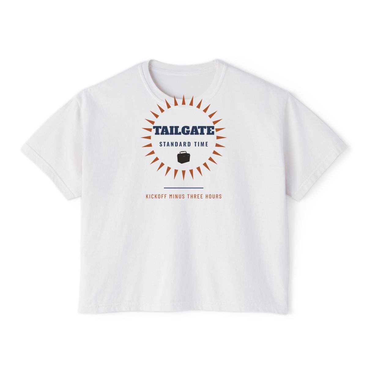 Tailgate Standard Time, printed on a boxy tee in White