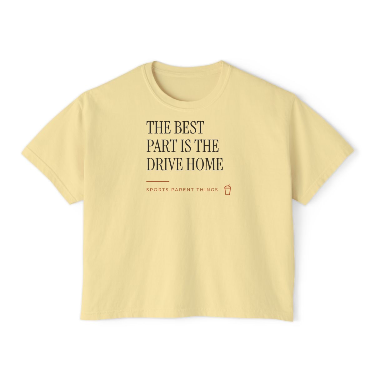 The Drive Home, printed on a boxy tee in Butter