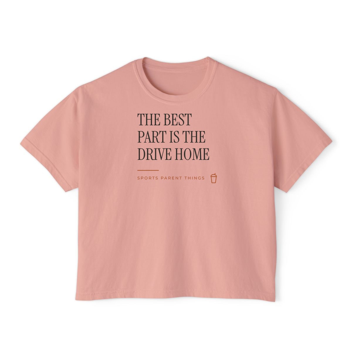 The Drive Home, printed on a boxy tee in Peachy