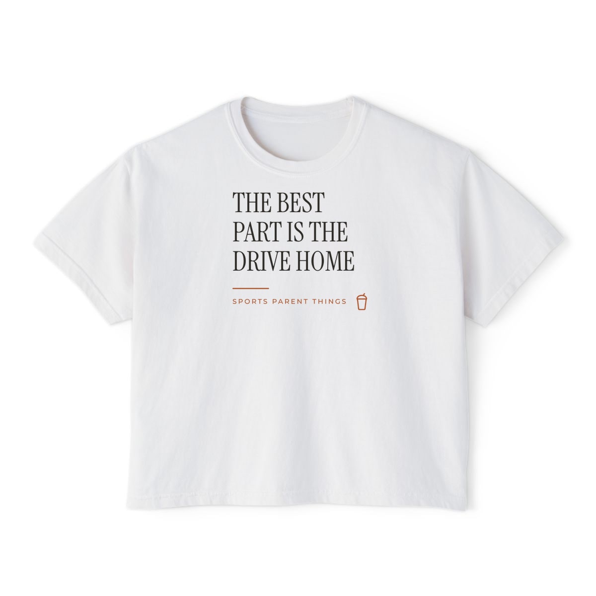 The Drive Home, printed on a boxy tee in White