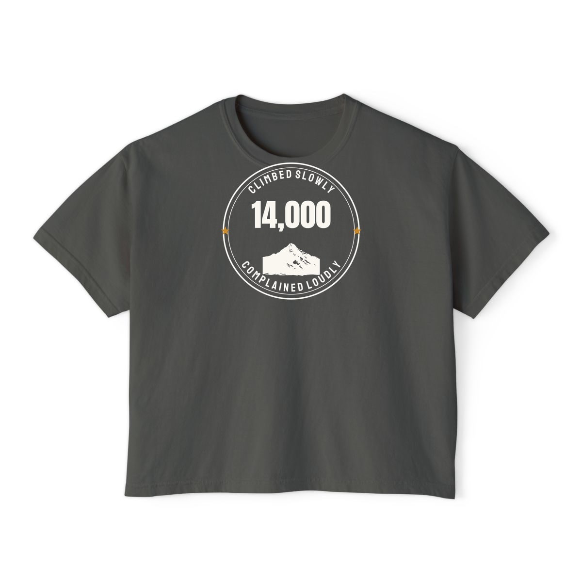 The Fourteener Club, printed on a boxy tee in Pepper