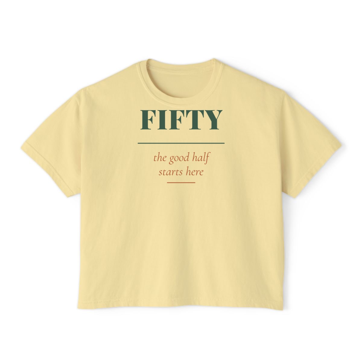 The Good Half, printed on a boxy tee in Butter