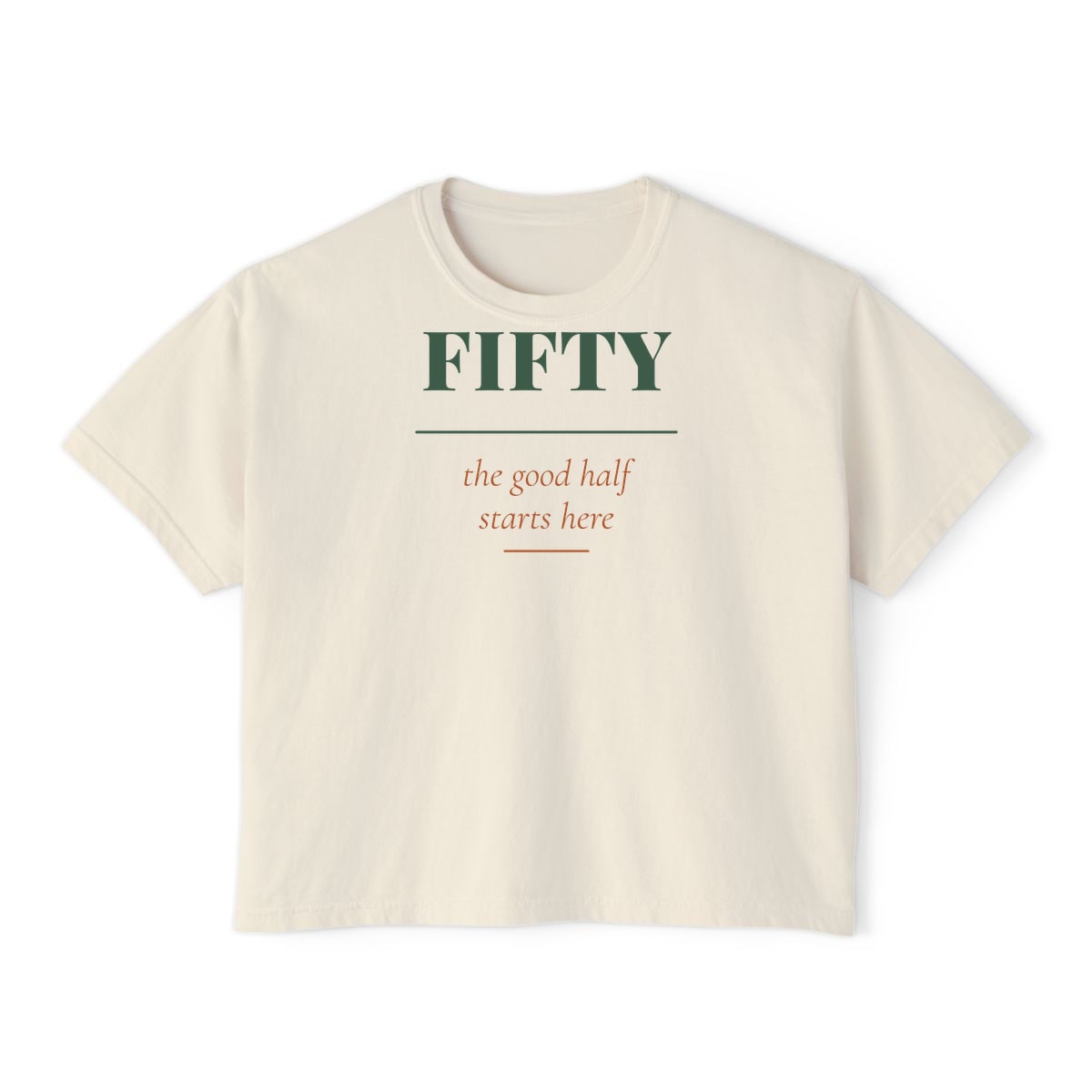 The Good Half, printed on a boxy tee in Ivory