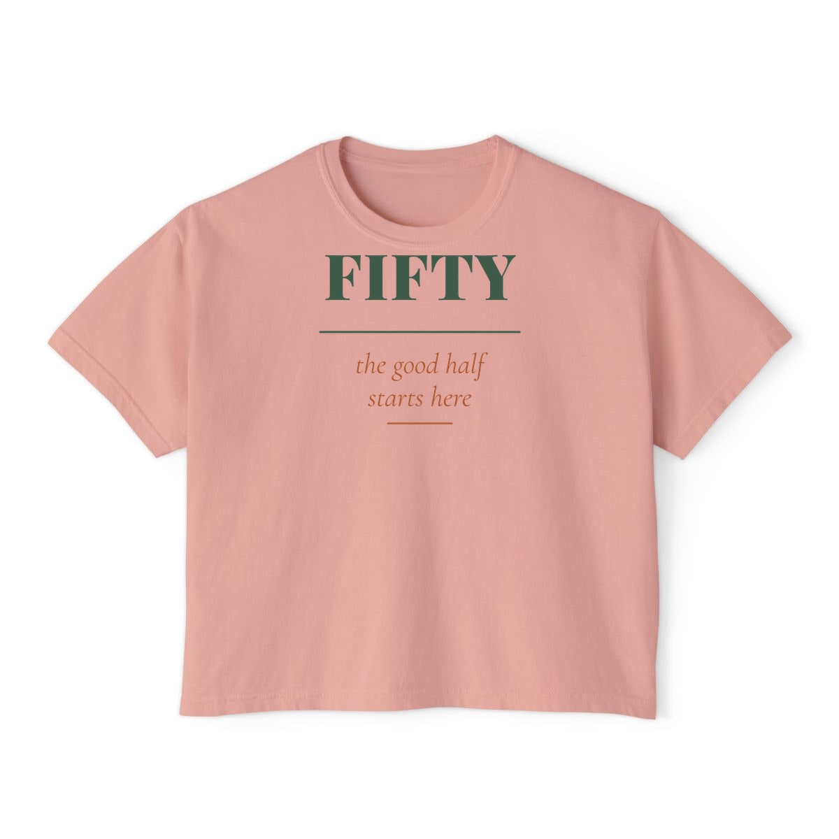 The Good Half, printed on a boxy tee in Peachy