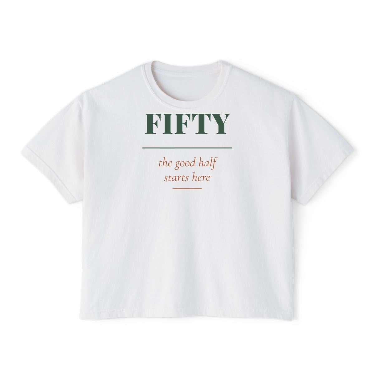 The Good Half, printed on a boxy tee in White