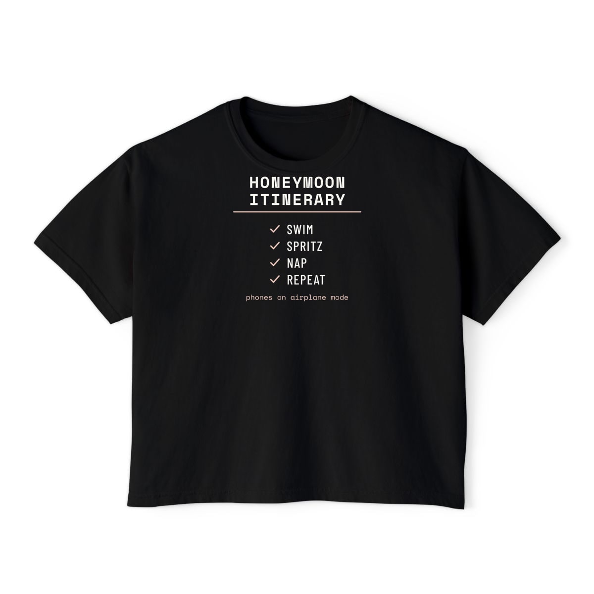 The Honeymoon Itinerary, printed on a boxy tee in Black