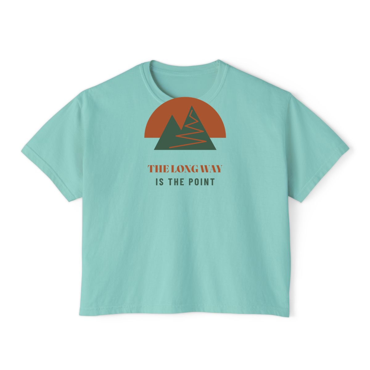 The Long Way Is The Point, printed on a boxy tee in Chalky Mint