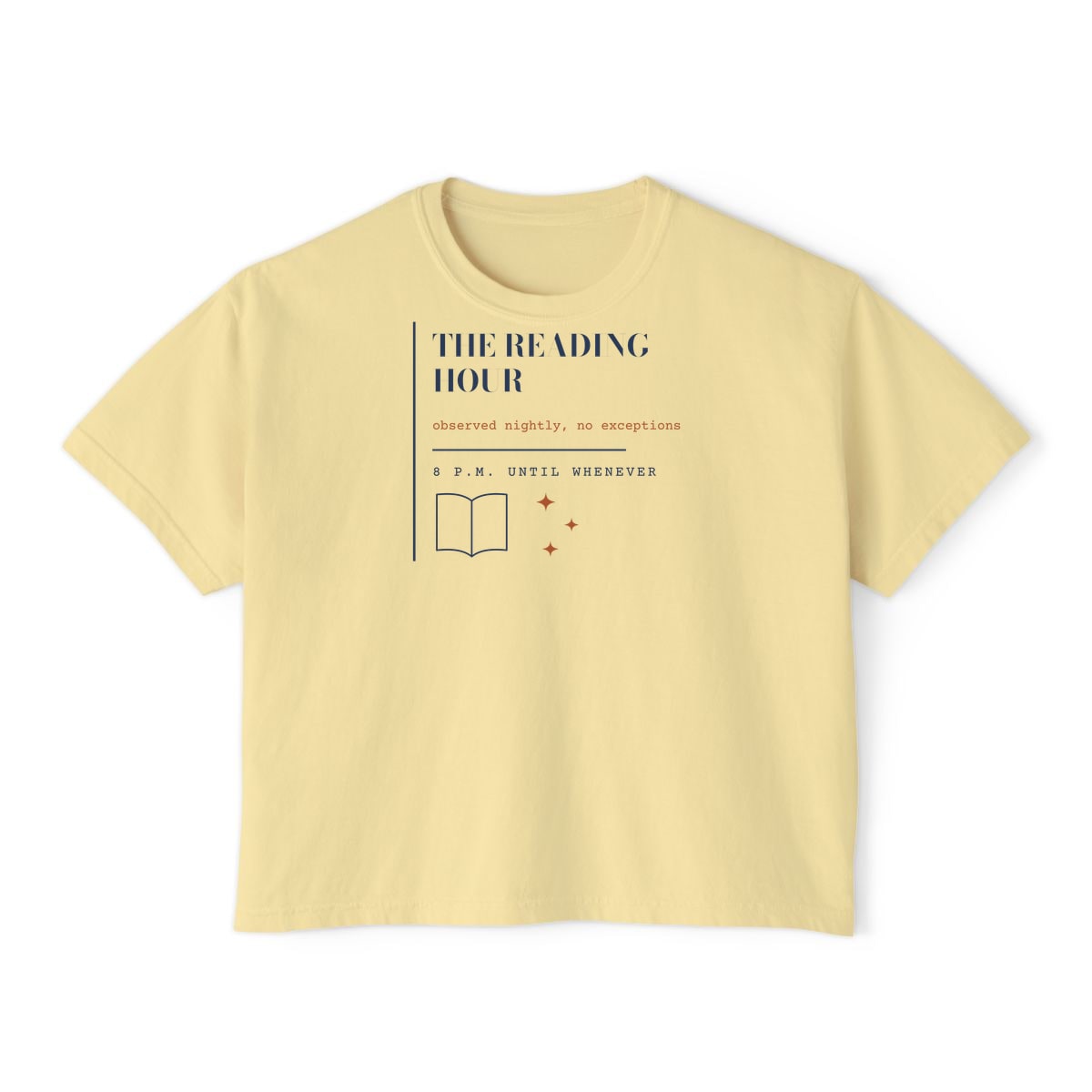 The Reading Hour, printed on a boxy tee in Butter