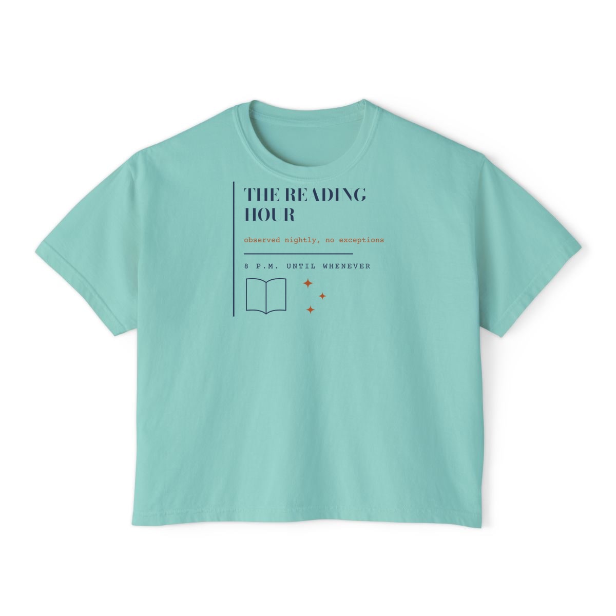 The Reading Hour, printed on a boxy tee in Chalky Mint
