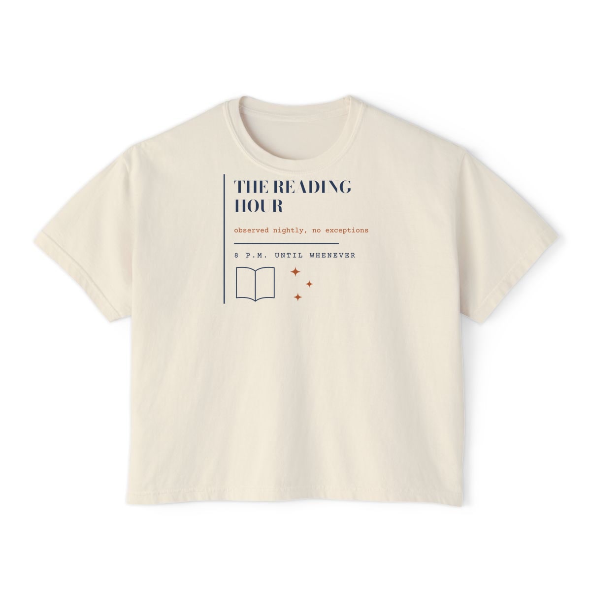 The Reading Hour, printed on a boxy tee in Ivory