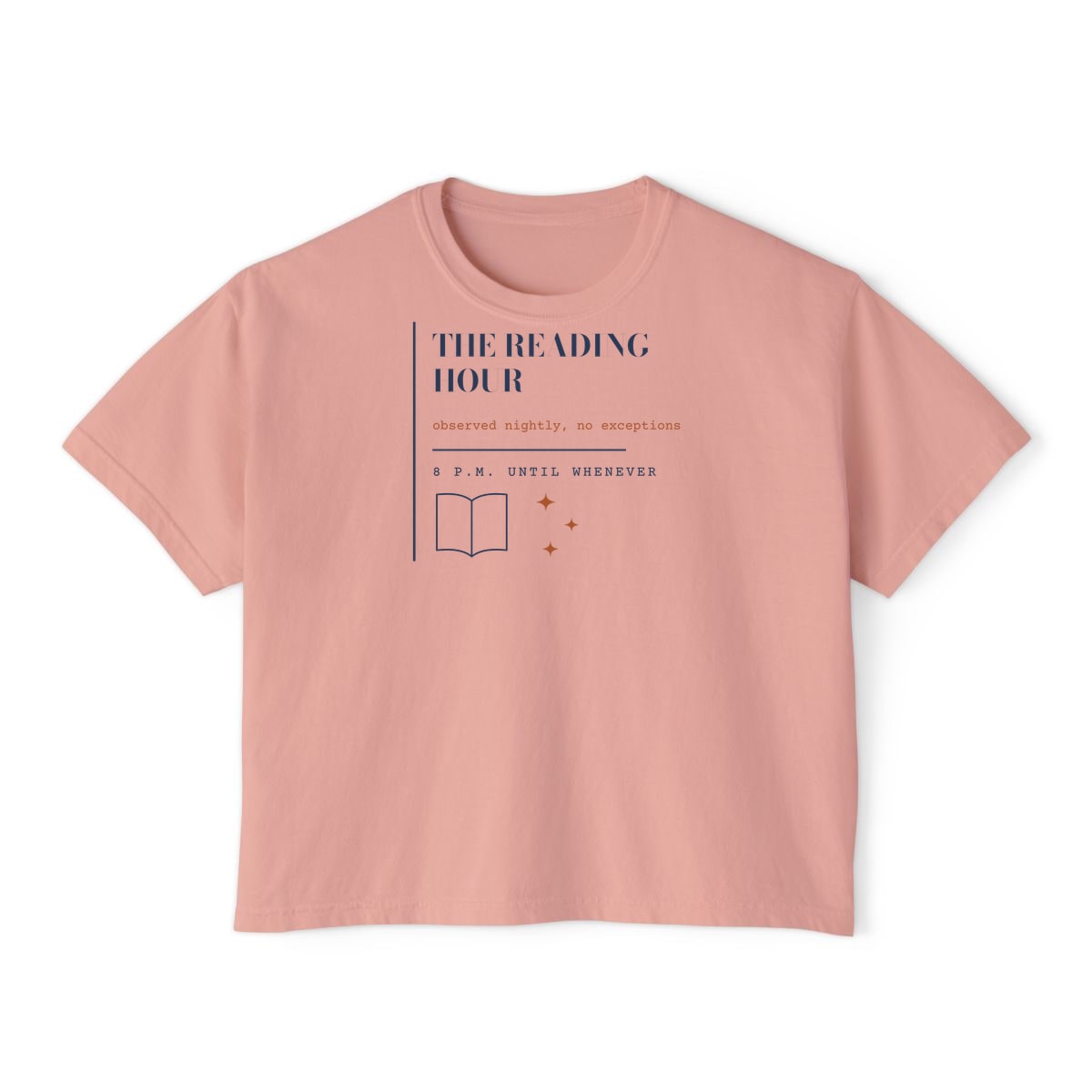 The Reading Hour, printed on a boxy tee in Peachy