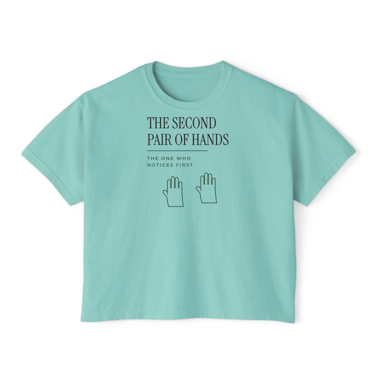 The Second Pair Of Hands, printed on a boxy tee in Chalky Mint
