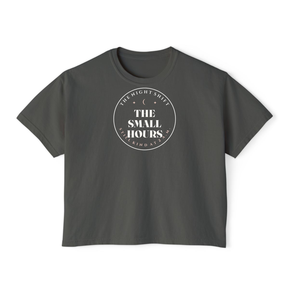 The Small Hours, printed on a boxy tee in Pepper