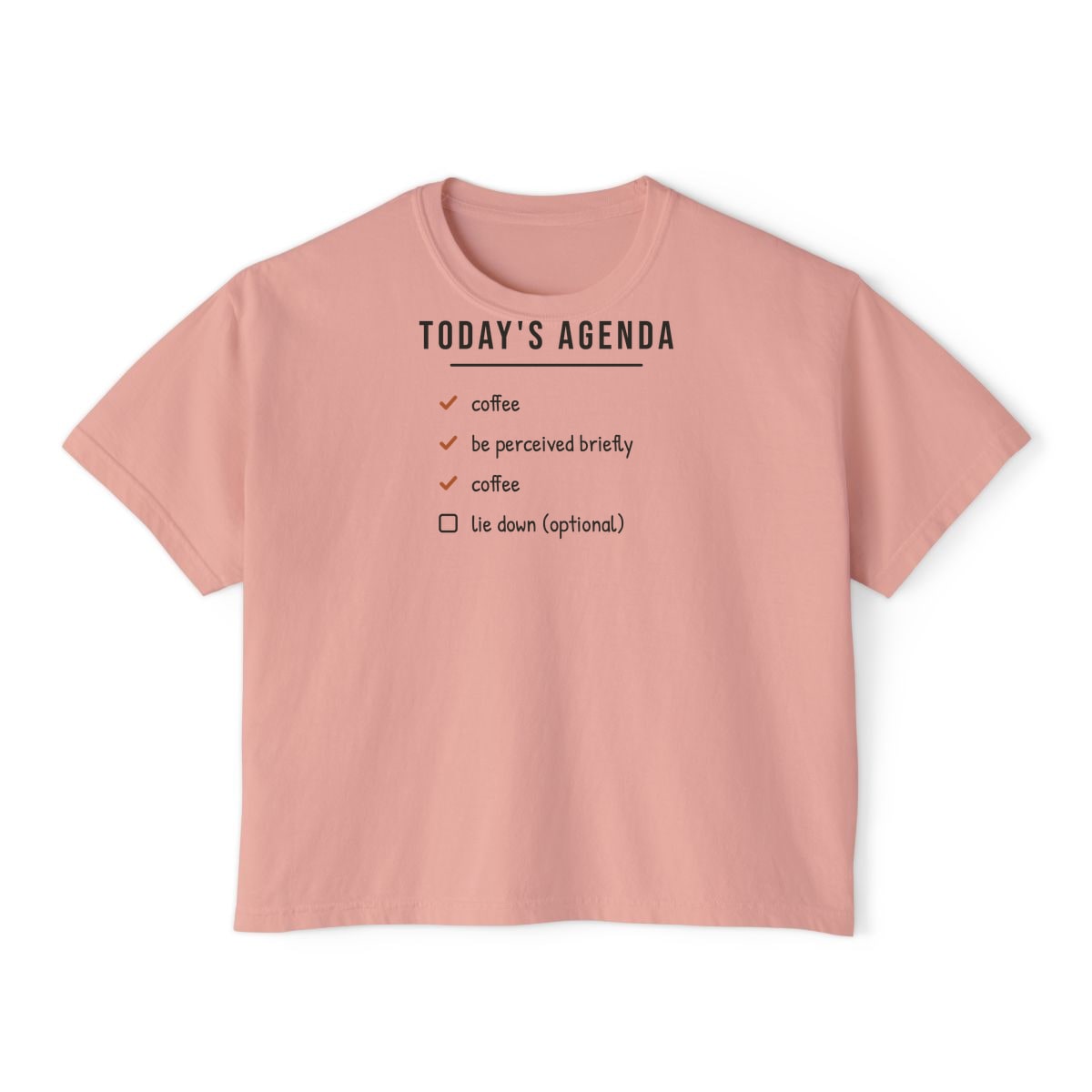 Today's Agenda, printed on a boxy tee in Peachy